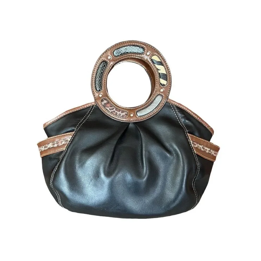 Relic Black Faux Leather Animal Print Circular Snap Tote - Picture 2 of 12
